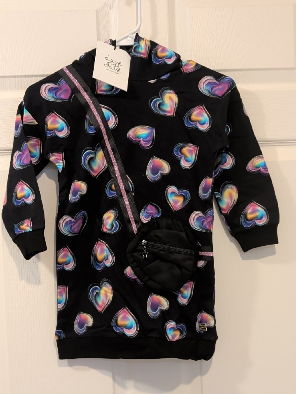 Adorable deux par deux Black Fleece dress with Iridescent Rainbow Hearts NWT